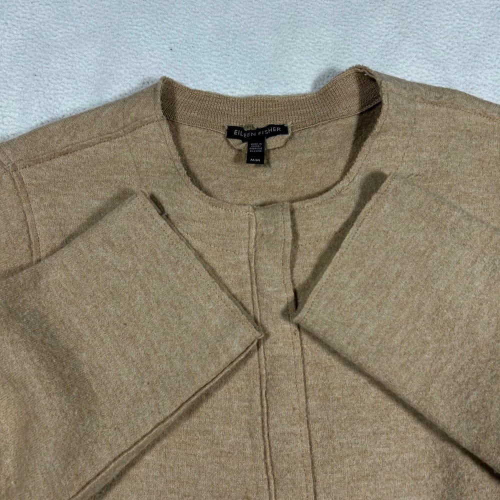 Eileen Fisher Womens Round Neck Boxy Jacket Size Medium Camel Boiled Wool Zip - Picture 3 of 10